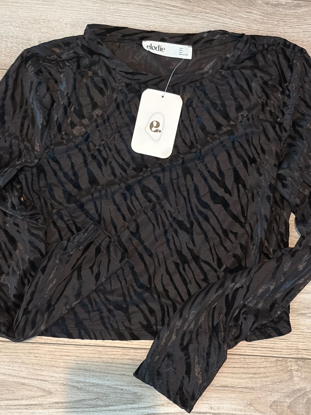 Elodie Black Sheer Zebra-Stripe Long Sleeve Top -S